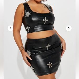 Black Embellished Faux Leather Mini Skirt Set